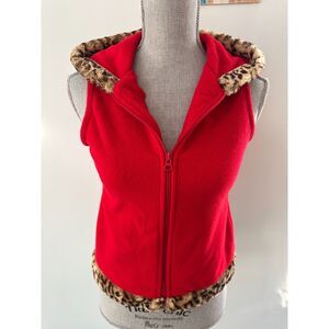 Y2k Vintage Red Fleece Vest Faux Fur Leopard Print Trim Hood Top Girls Large